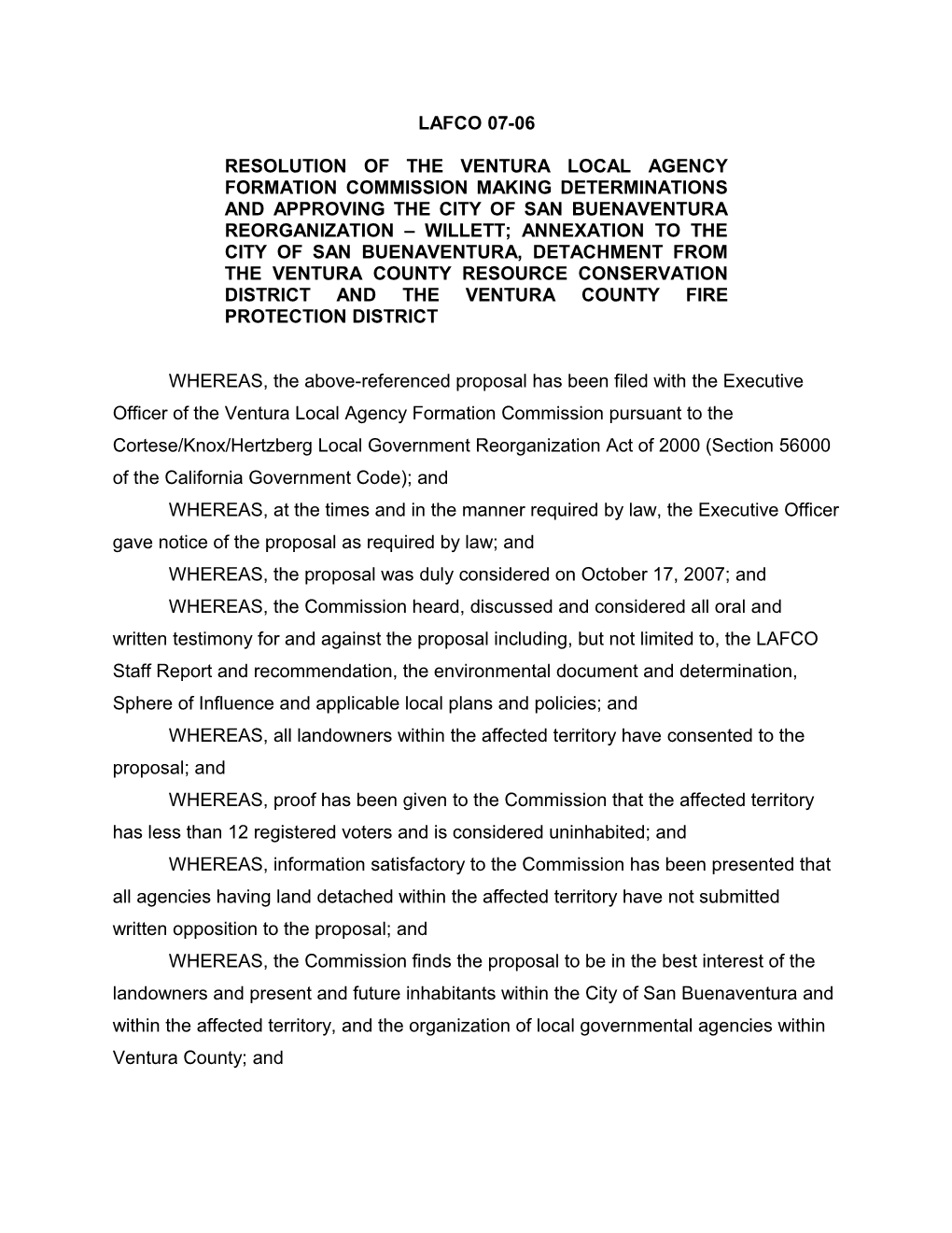 Resolution of the Ventura Local Agency Formation Commission Making Determinations And