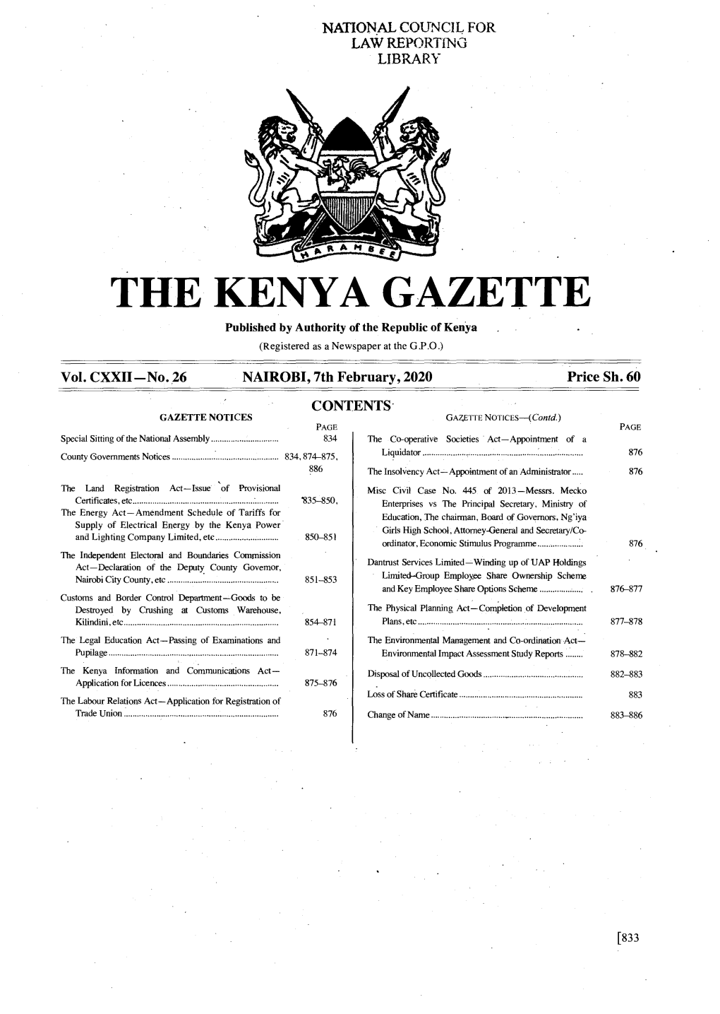 THE KENYA GAZETTE Published by Authority of the Republic of Kenya (Registered As a Newspaper at the G.P.O.) � Vol