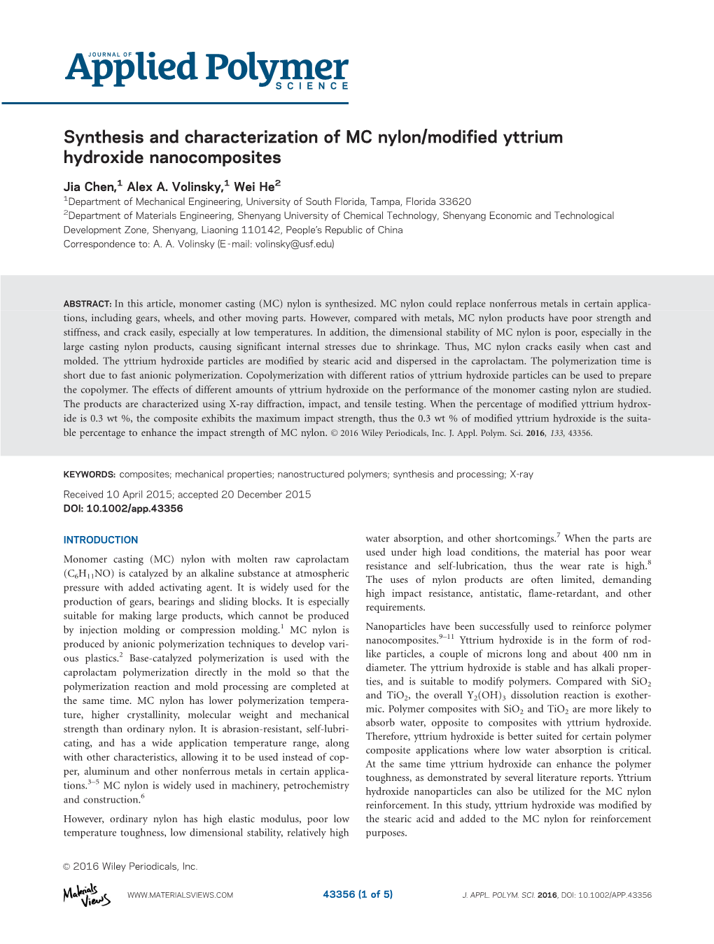 Synthesis and Characterization of MC Nylon/Modified Yttrium Hydroxide Nanocomposites