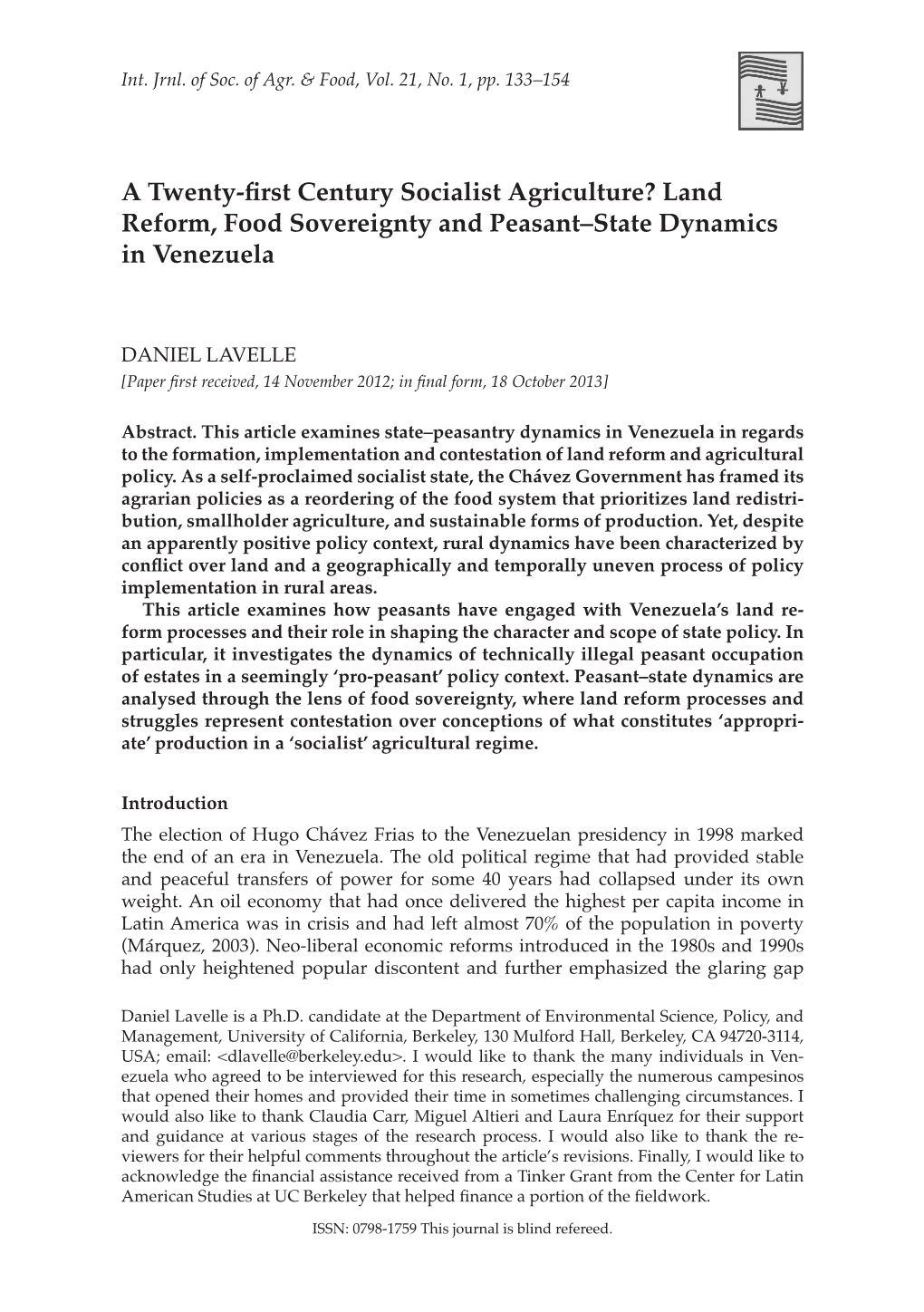 Land Reform, Food Sovereignty and Peasant–State Dynamics in Venezuela