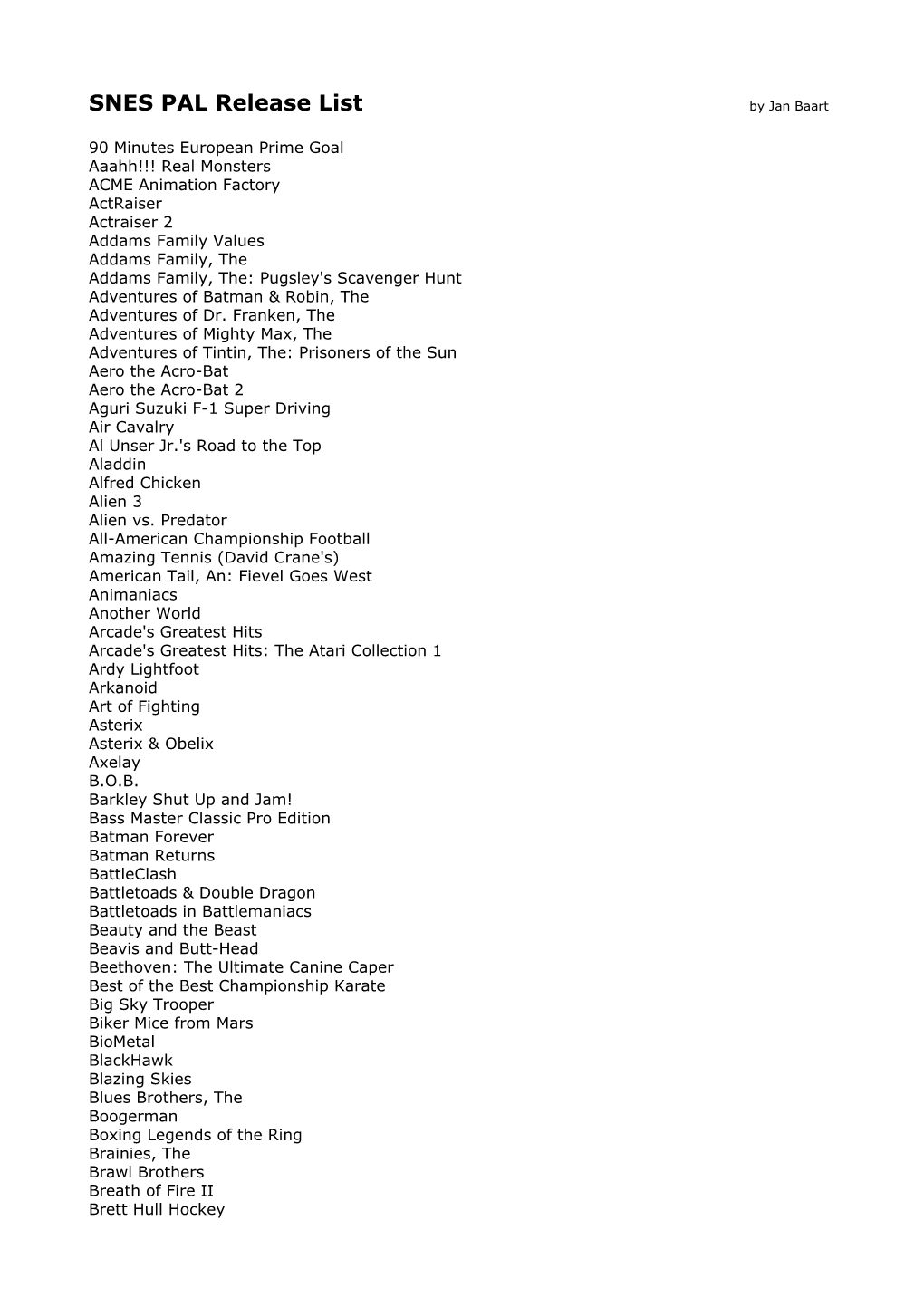 SNES PAL Release List by Jan Baart