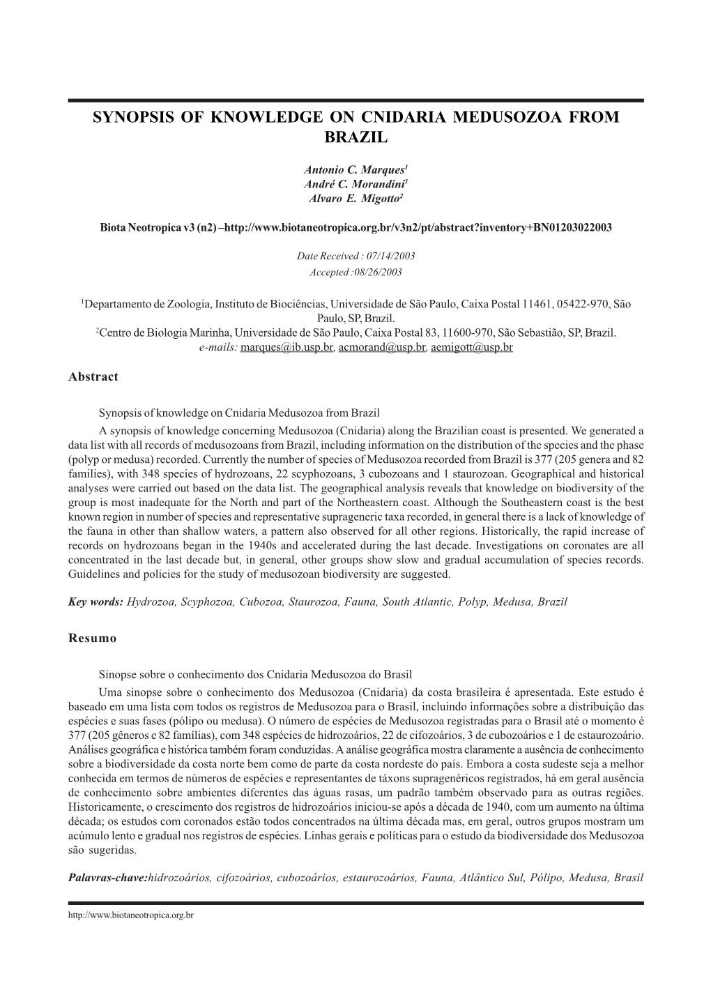 Synopsis of Knowledge on Cnidaria Medusozoa from Brazil