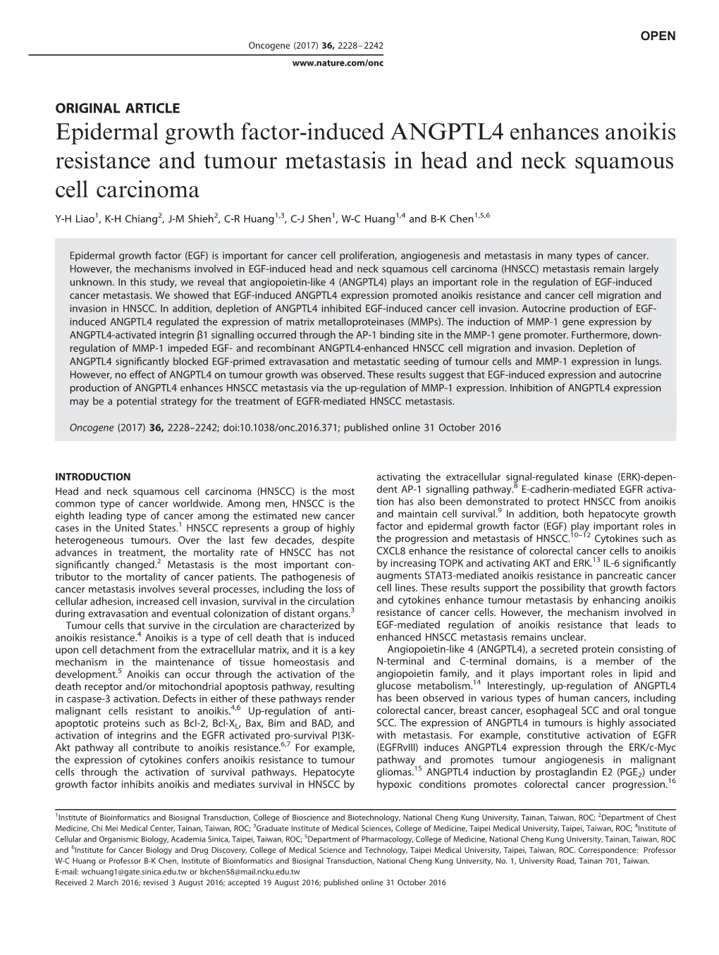 Epidermal Growth Factor-Induced ANGPTL4 Enhances Anoikis Resistance and Tumour Metastasis in Head and Neck Squamous Cell Carcinoma