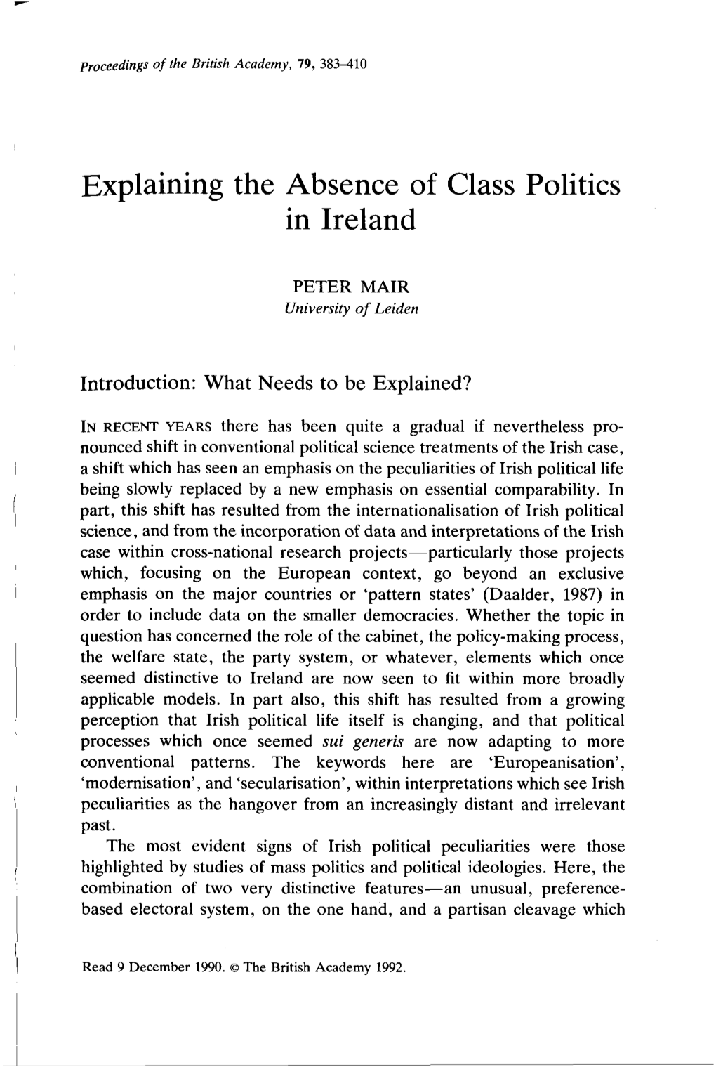 Explaining the Absence of Class Politics in Ireland