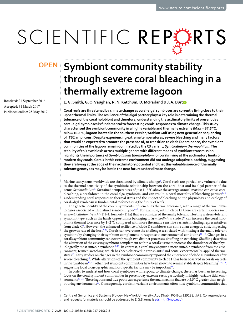 Symbiont Community Stability Through Severe Coral Bleaching in a Thermally Extreme Lagoon Received: 21 September 2016 E