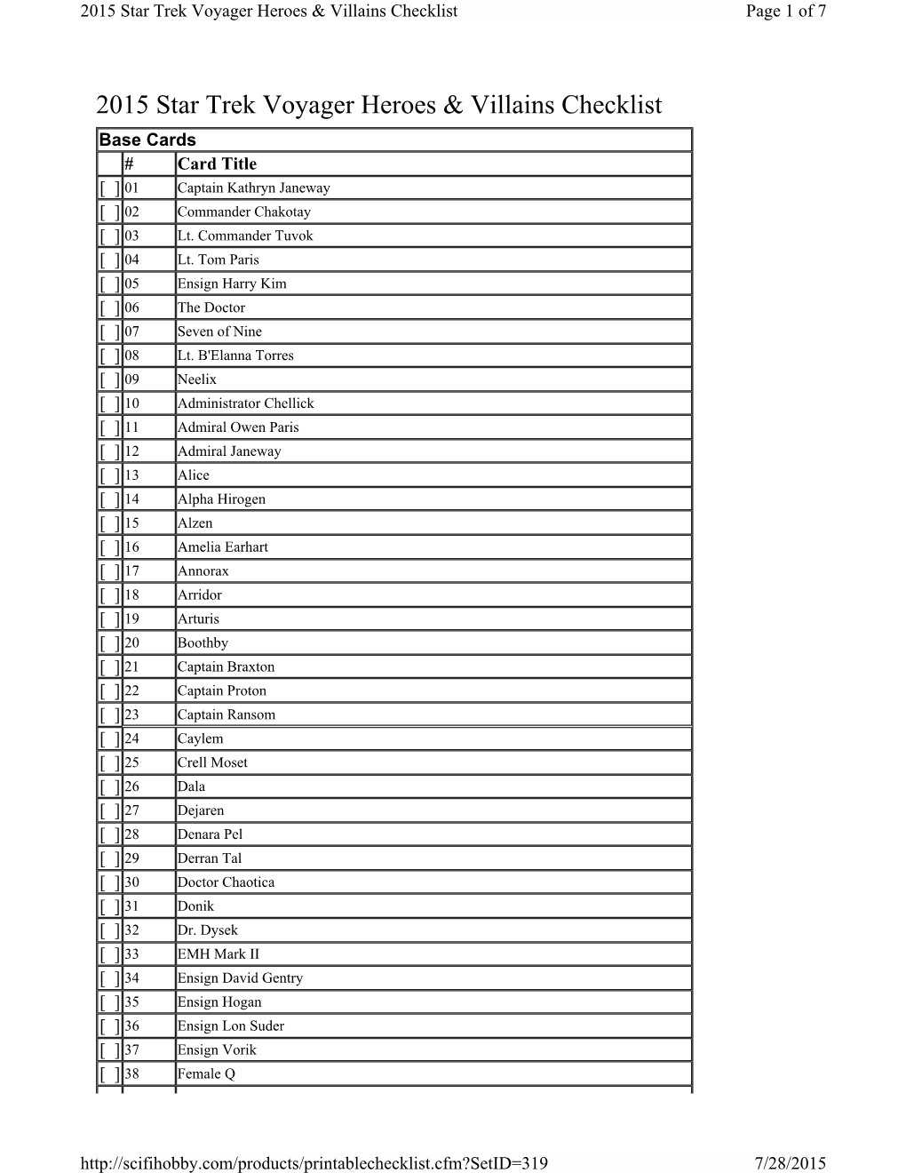 Star Trek Voyager Heroes and Villains Checklist