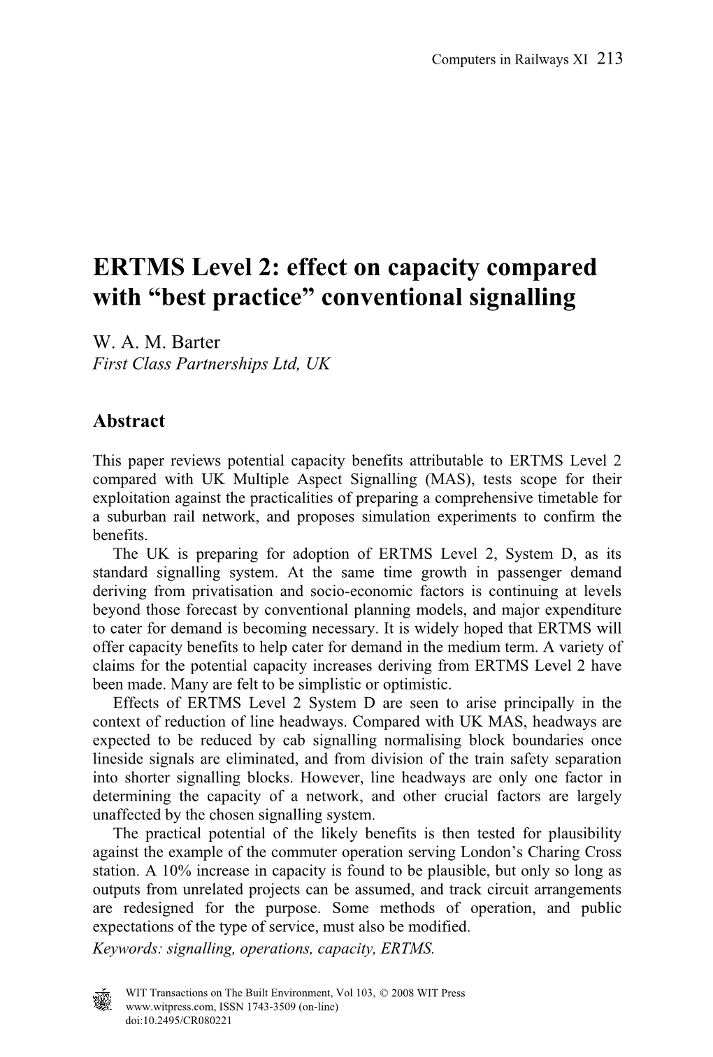 ERTMS Level 2: Effect on Capacity Compared with “Best Practice” Conventional Signalling