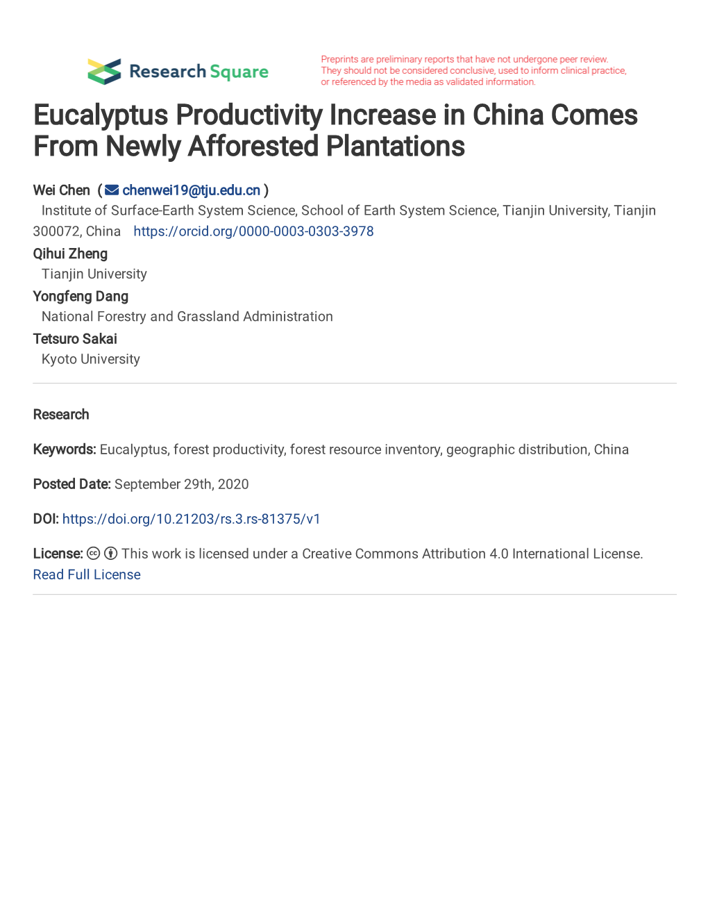 Eucalyptus Productivity Increase in China Comes from Newly Afforested Plantations
