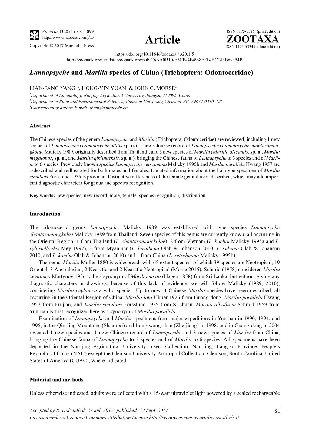 Lannapsyche and Marilia Species of China (Trichoptera: Odontoceridae)