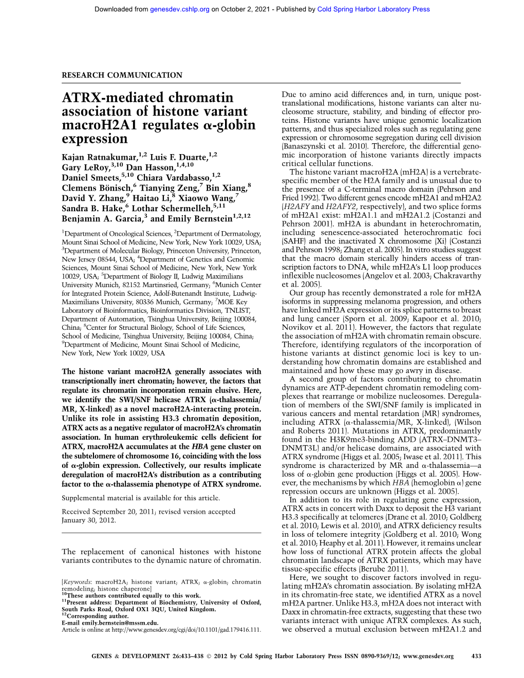 ATRX-Mediated Chromatin Association of Histone Variant Macroh2a1 Regulates Α-Globin Expression