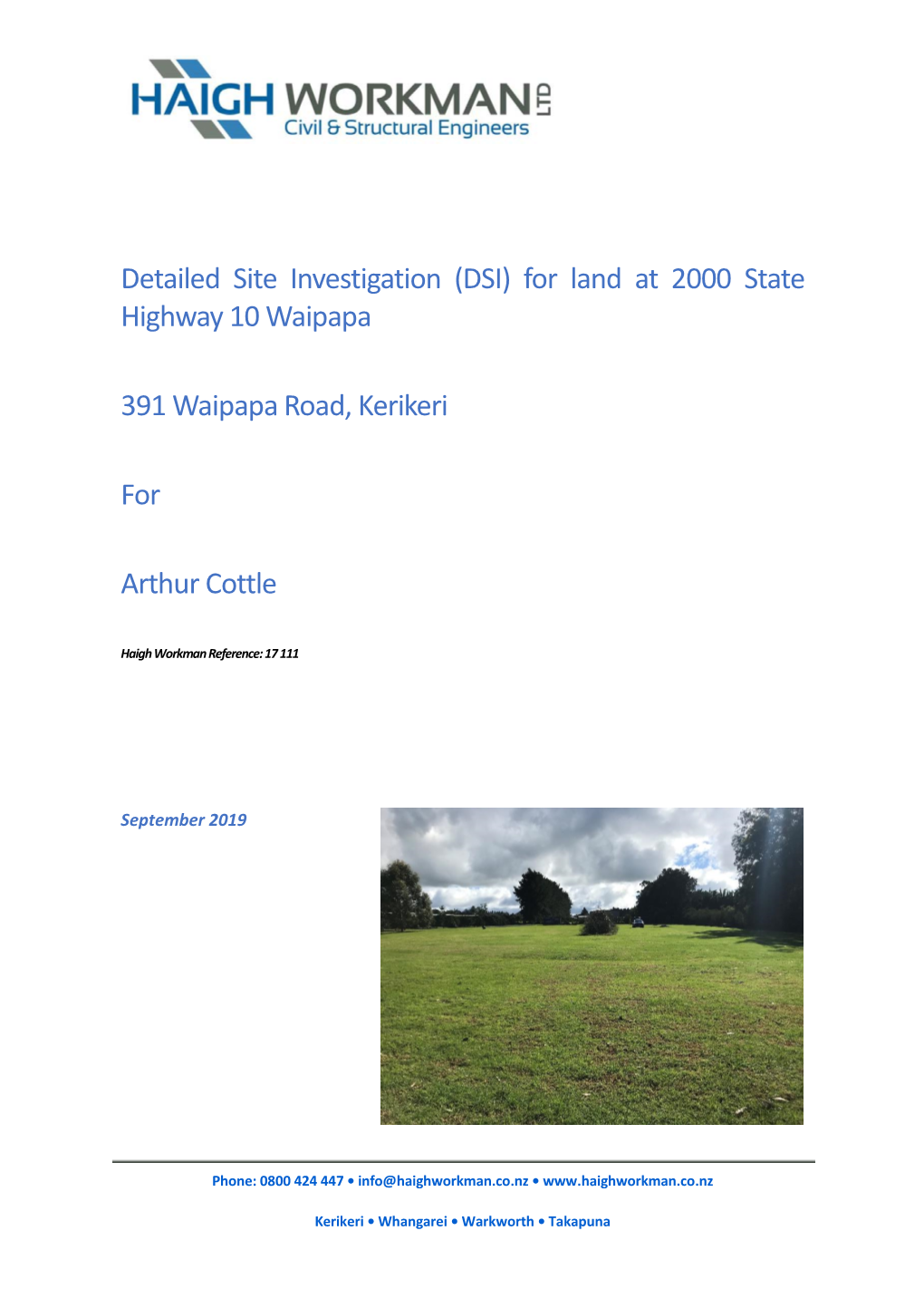 Detailed Site Investigation (DSI) for Land at 2000 State Highway 10 Waipapa 391 Waipapa Road, Kerikeri for Arthur Cottle
