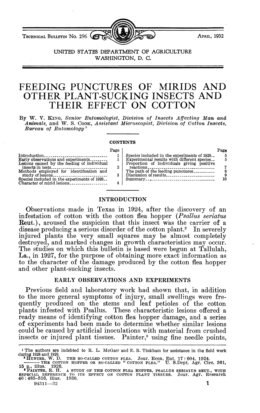 Feeding Punctures of Mirids and Other Plant-Sucking Insects and Their Effect on Cotton