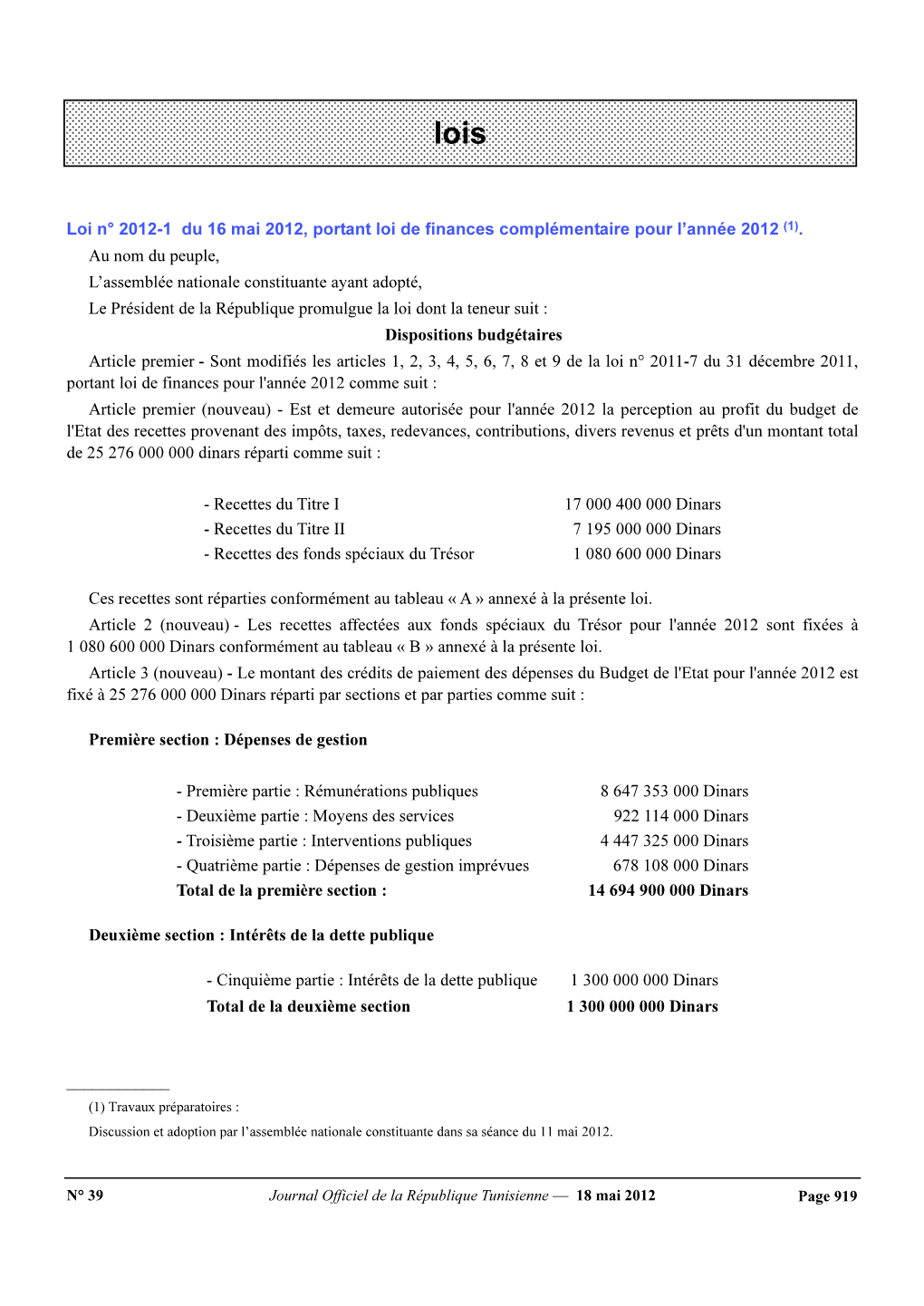 Loi N° 2012-1 Du 16 Mai 2012, Portant Loi De Finances Complémentaire Pour L'année 2012 . Au Nom Du Peuple, L'assembl