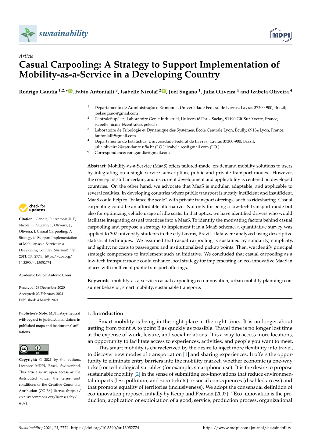 Casual Carpooling: a Strategy to Support Implementation of Mobility-As-A-Service in a Developing Country