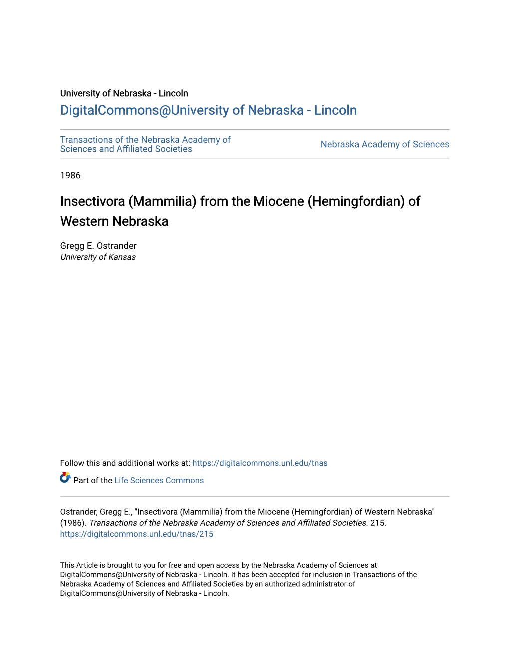 Insectivora (Mammilia) from the Miocene (Hemingfordian) of Western Nebraska