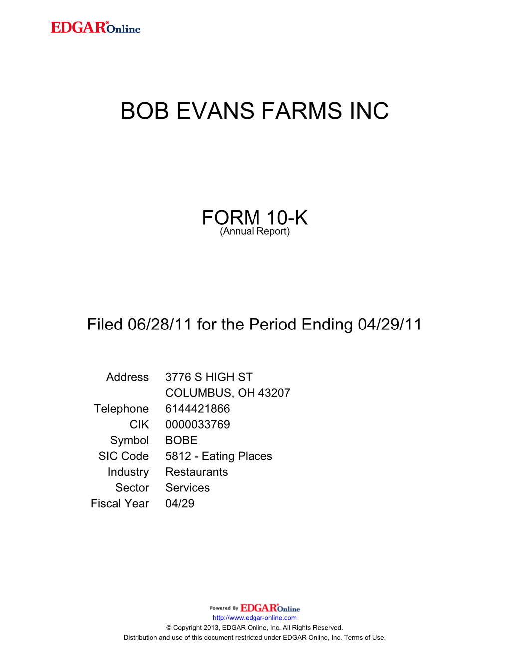 Bob Evans Farms Inc