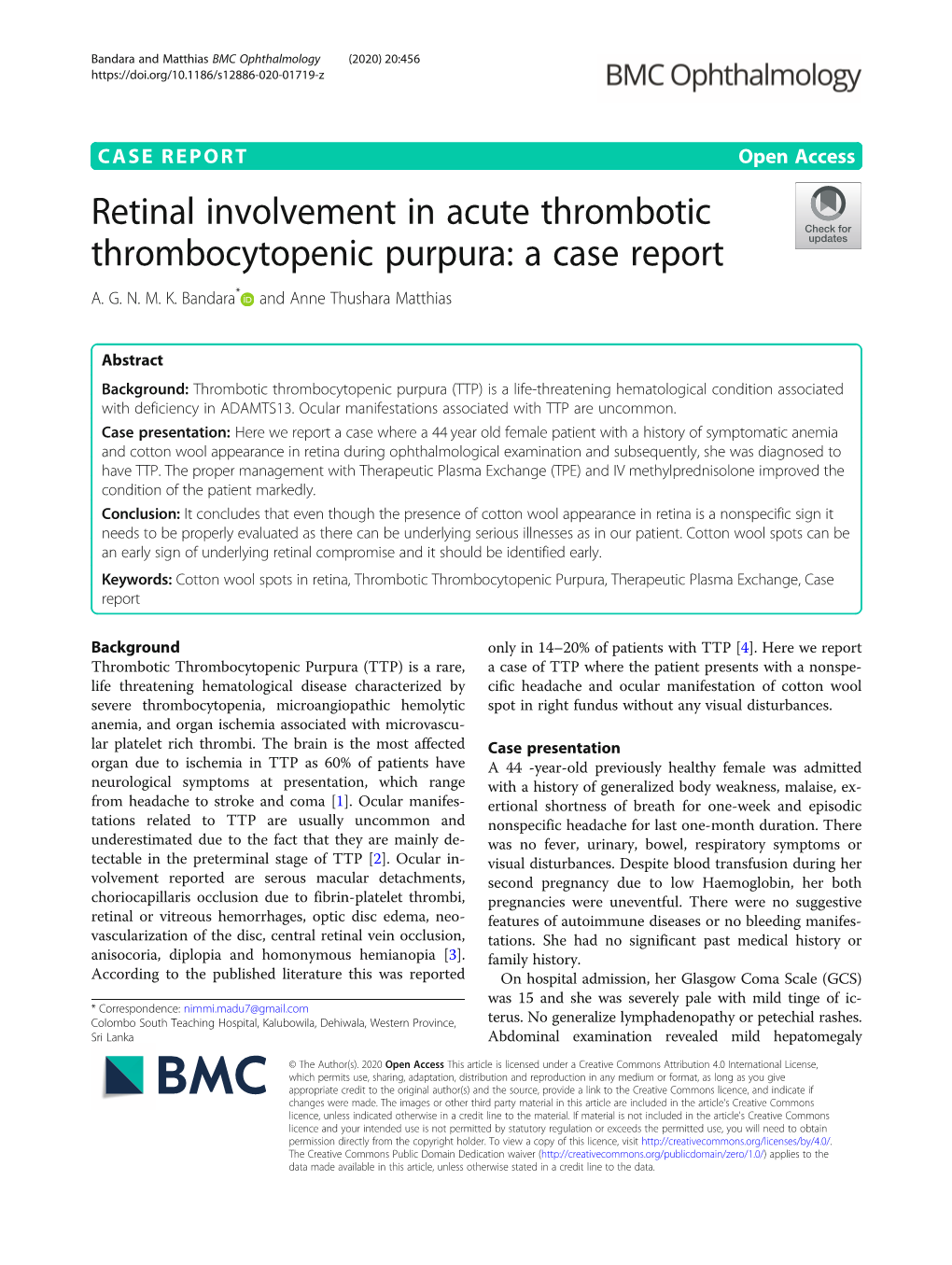 Retinal Involvement in Acute Thrombotic Thrombocytopenic Purpura: a Case Report A