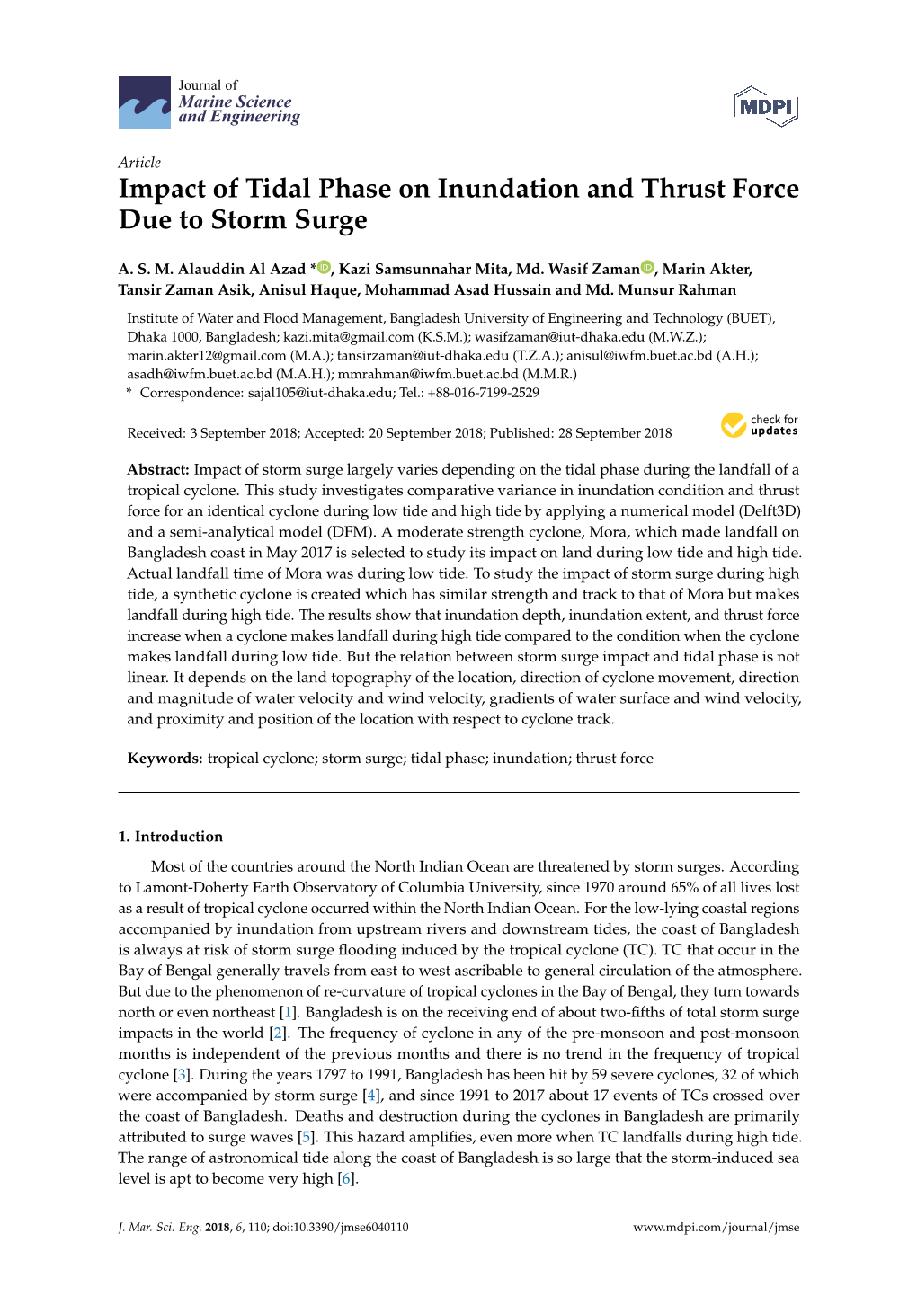 Impact of Tidal Phase on Inundation and Thrust Force Due to Storm Surge