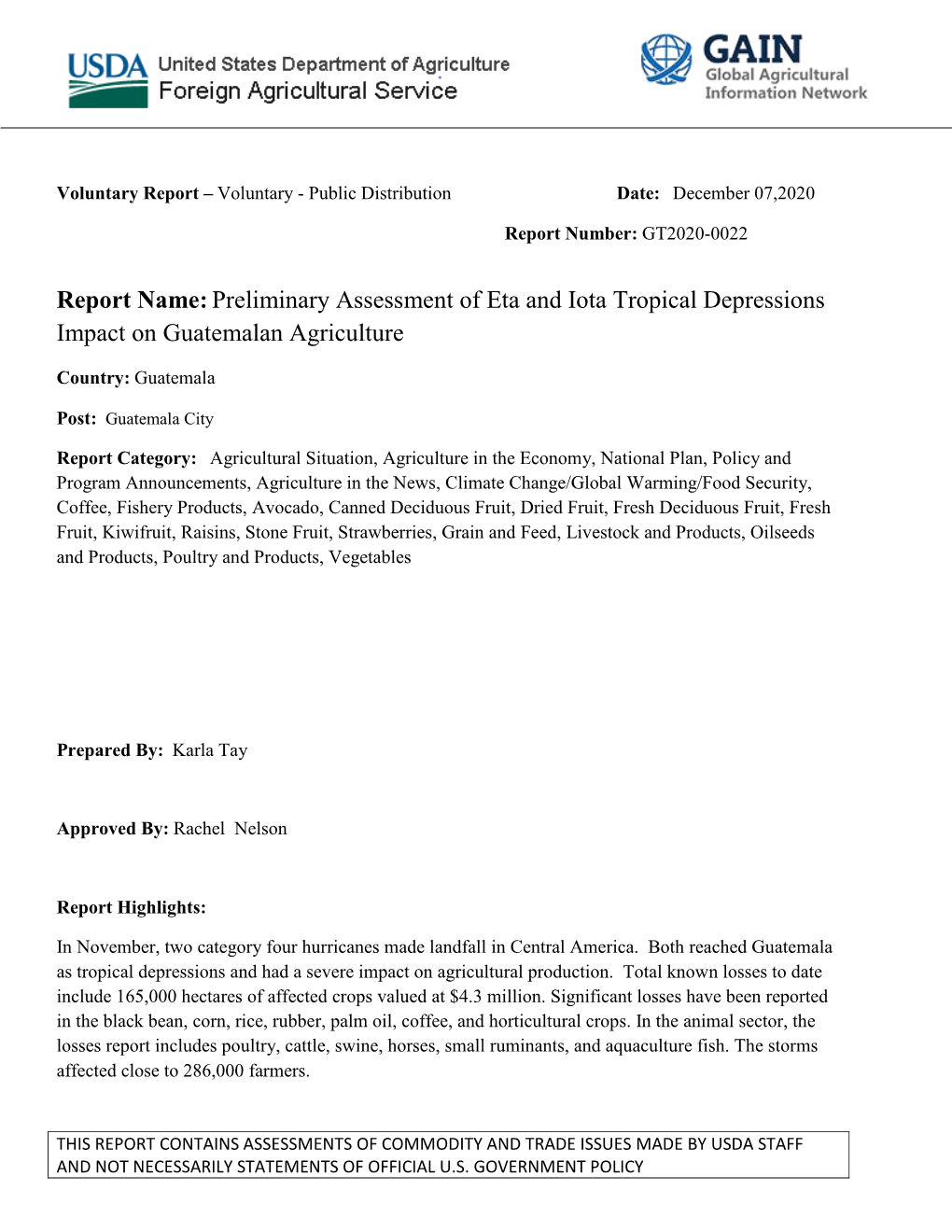 Report Name:Preliminary Assessment of Eta and Iota Tropical