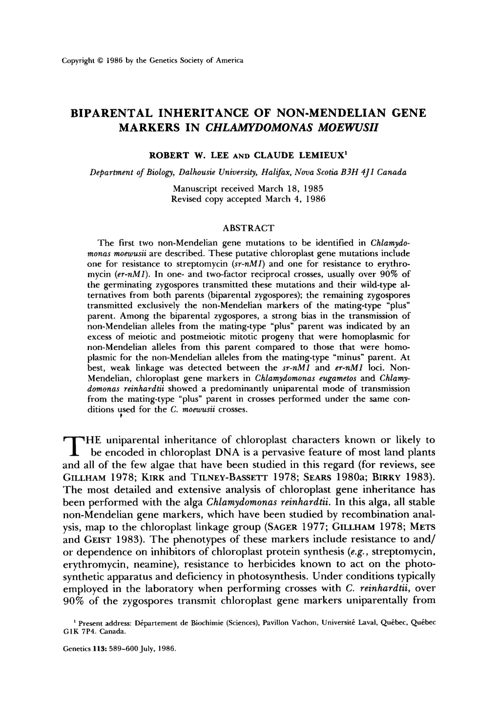 Biparental Inheritance of Non-Mendelian Gene Markers in Chlamydomonas Moewusii