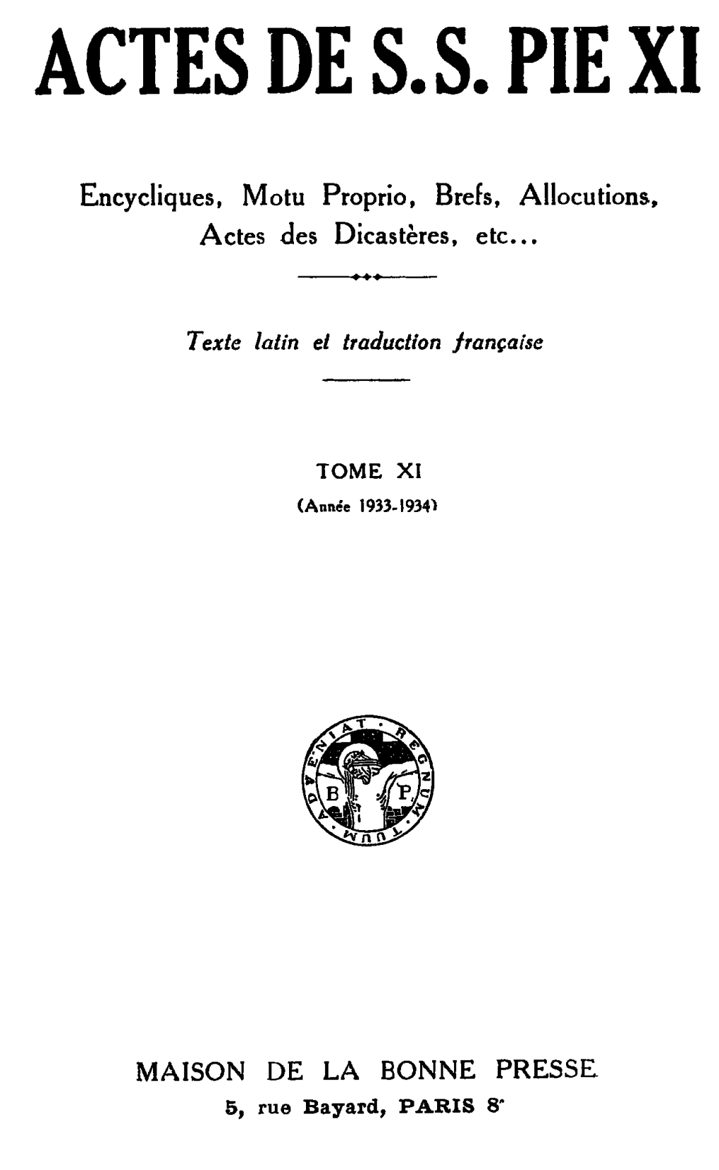Actes De S. S. Pie XI (Tome
