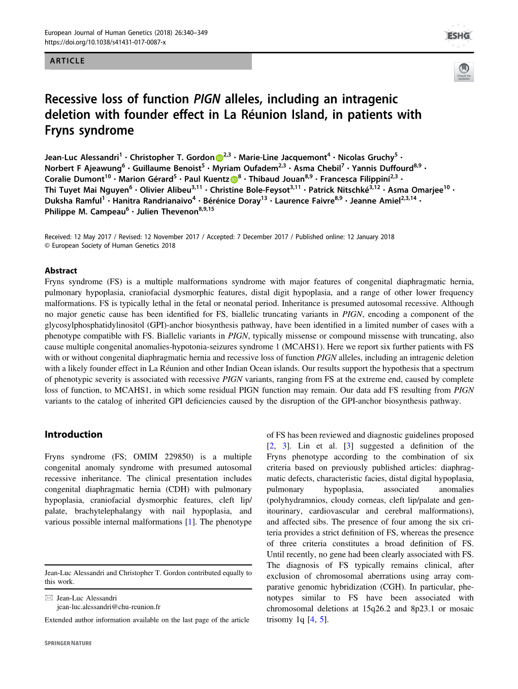 Recessive Loss of Function PIGN Alleles, Including an Intragenic Deletion with Founder Effect in La Réunion Island, in Patients with Fryns Syndrome