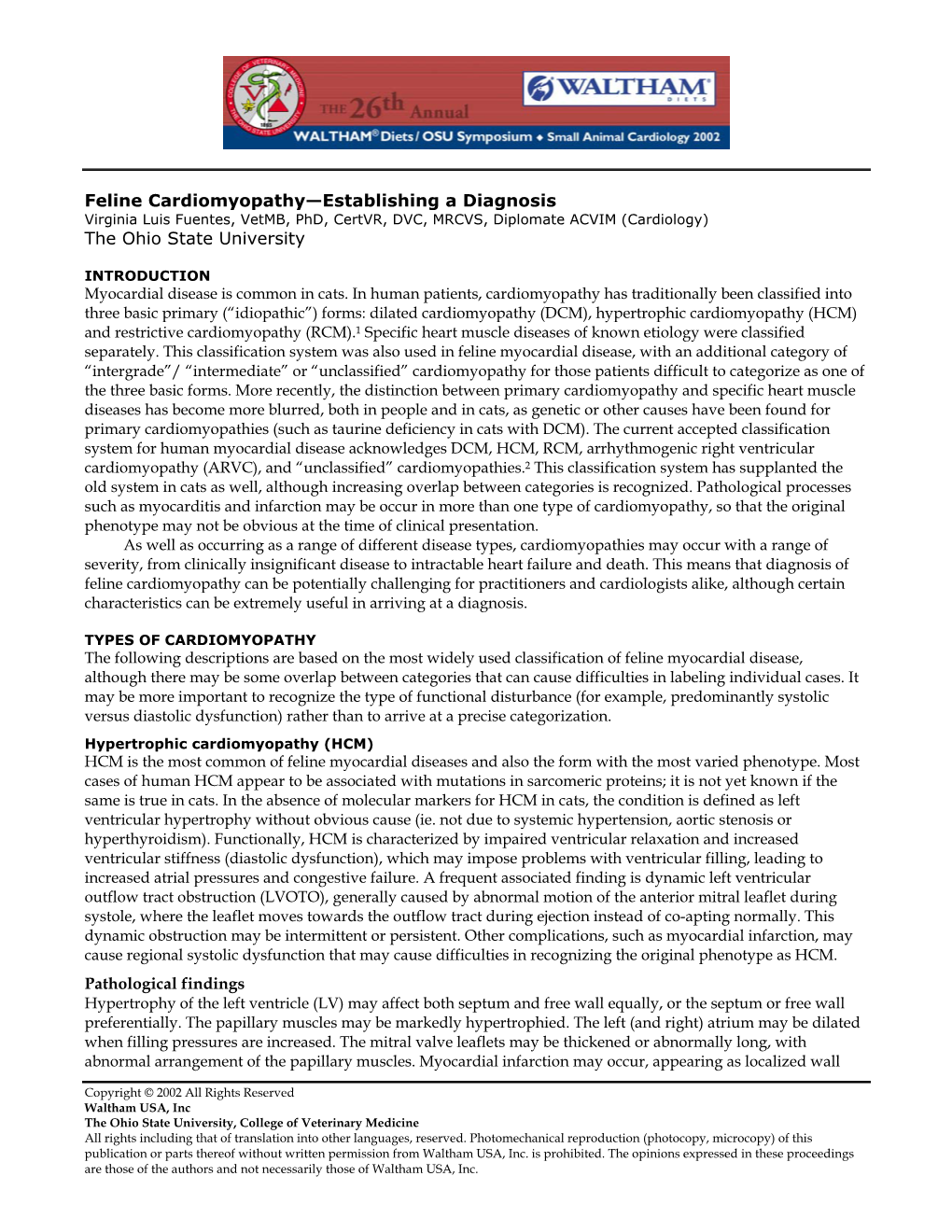 Feline Cardiomyopathy—Establishing a Diagnosis the Ohio State University