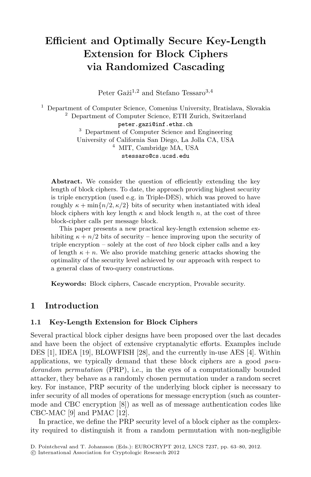 Efficient and Optimally Secure Key-Length Extension for Block