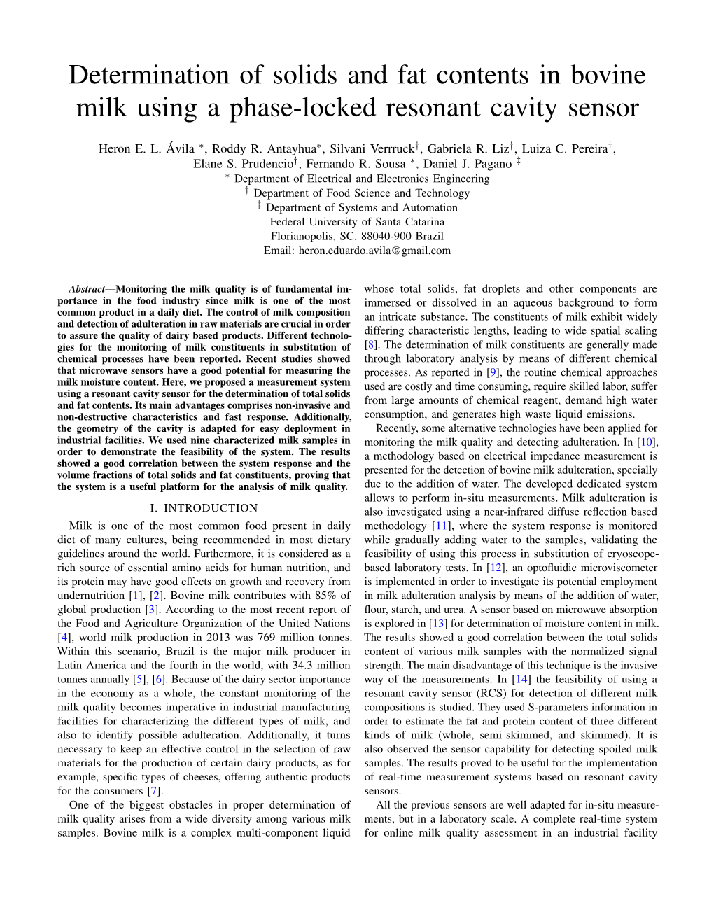 Determination of Solids and Fat Contents in Bovine Milk Using a Phase-Locked Resonant Cavity Sensor