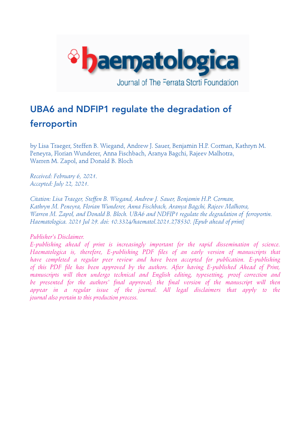 UBA6 and NDFIP1 Regulate the Degradation of Ferroportin by Lisa Traeger, Steffen B