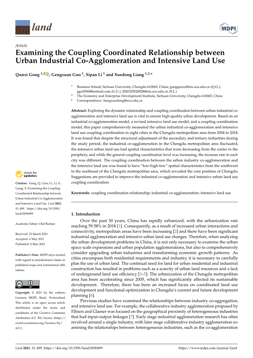 Examining the Coupling Coordinated Relationship Between Urban Industrial Co-Agglomeration and Intensive Land Use