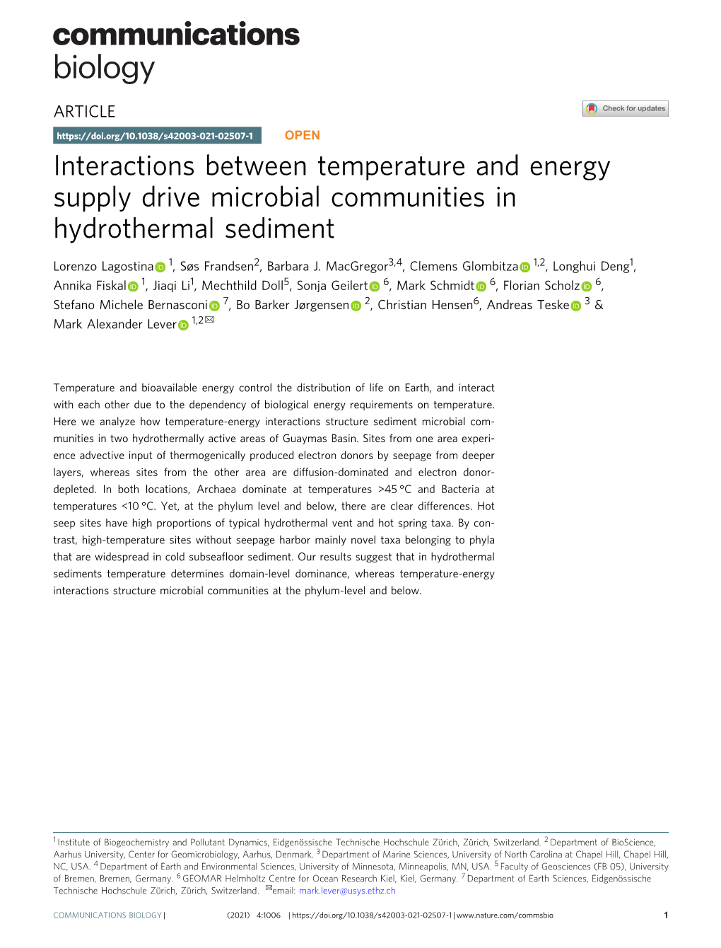 Interactions Between Temperature and Energy Supply Drive Microbial Communities in Hydrothermal Sediment