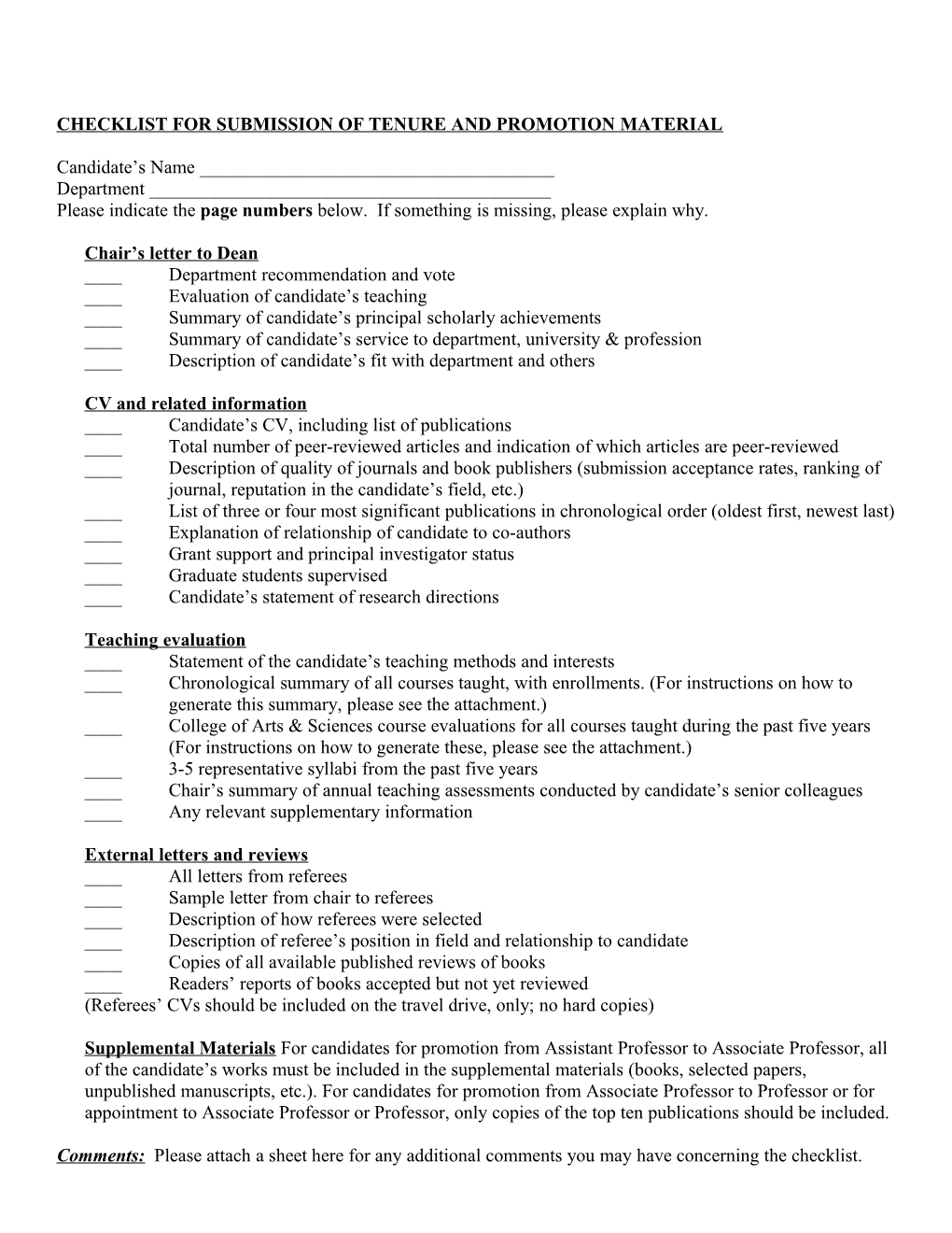 Checklist for Submission of Tenure and Promotion Material