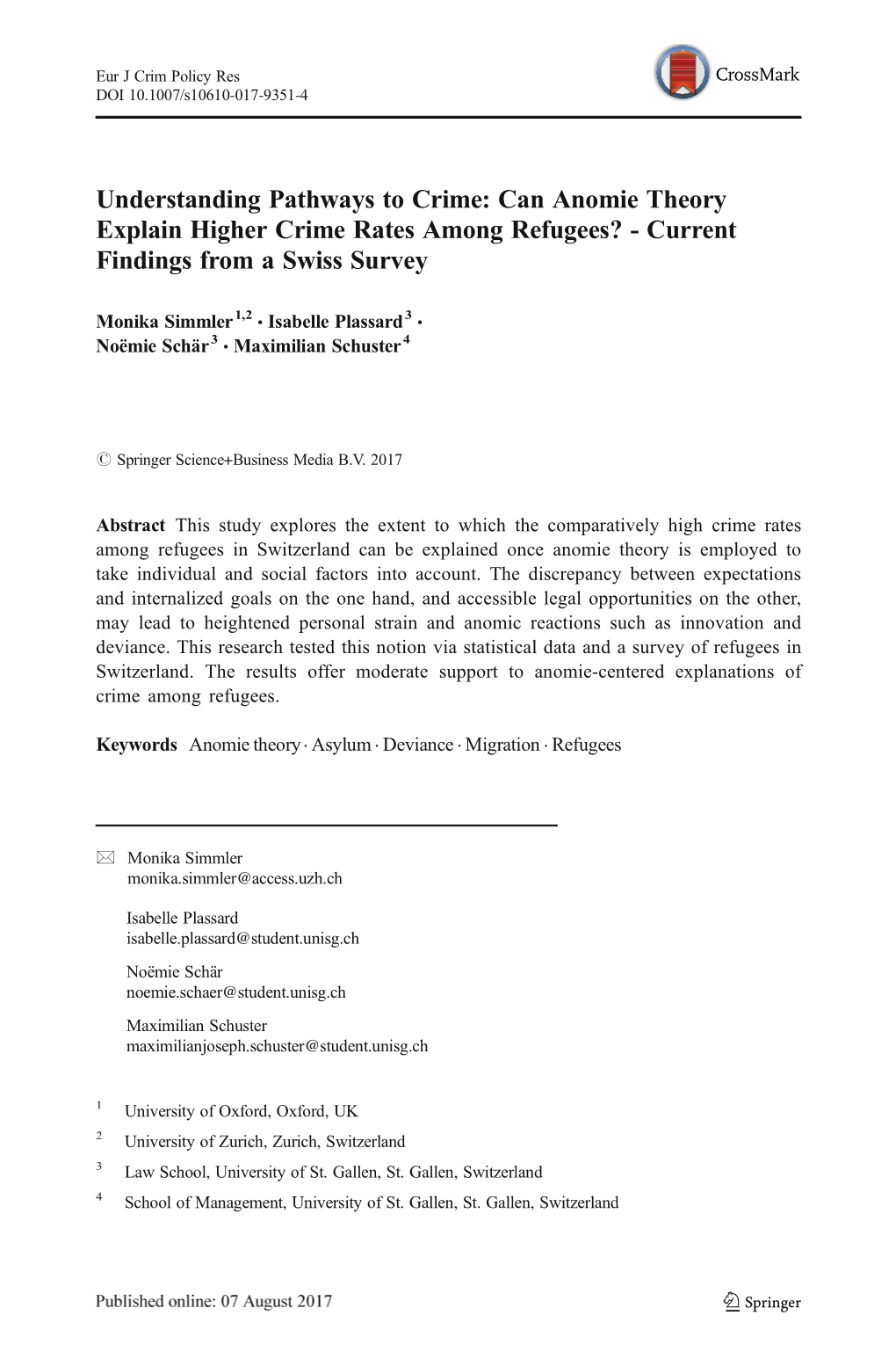 Understanding Pathways to Crime: Can Anomie Theory Explain Higher Crime Rates Among Refugees? - Current Findings from a Swiss Survey