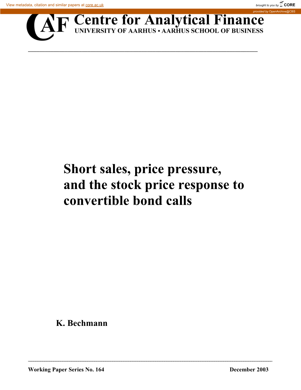 Short Sales, Price Pressure, and the Stock Price Response to Convertible Bond Calls