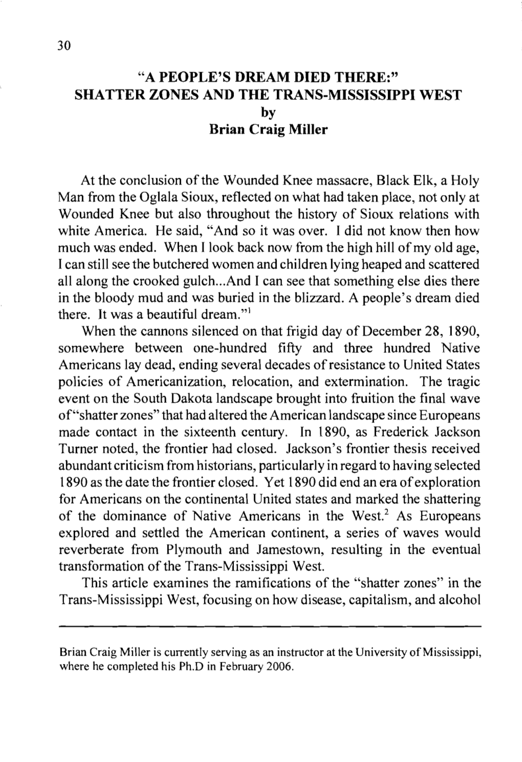 SHATTER ZONES and the TRANS-MISSISSIPPI WEST by Brian Craig Miller