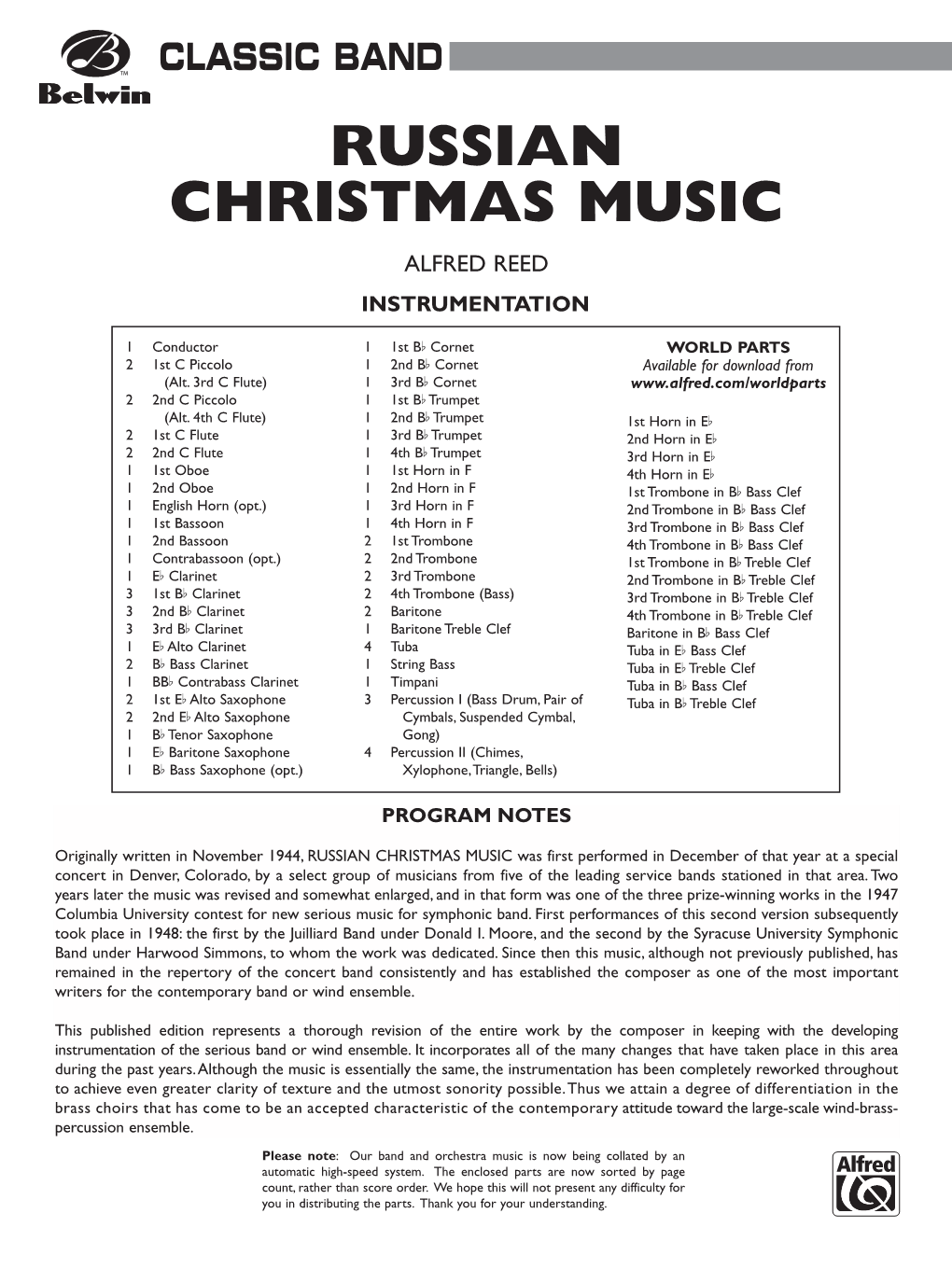 Russian Christmas Music Alfred Reed Instrumentation