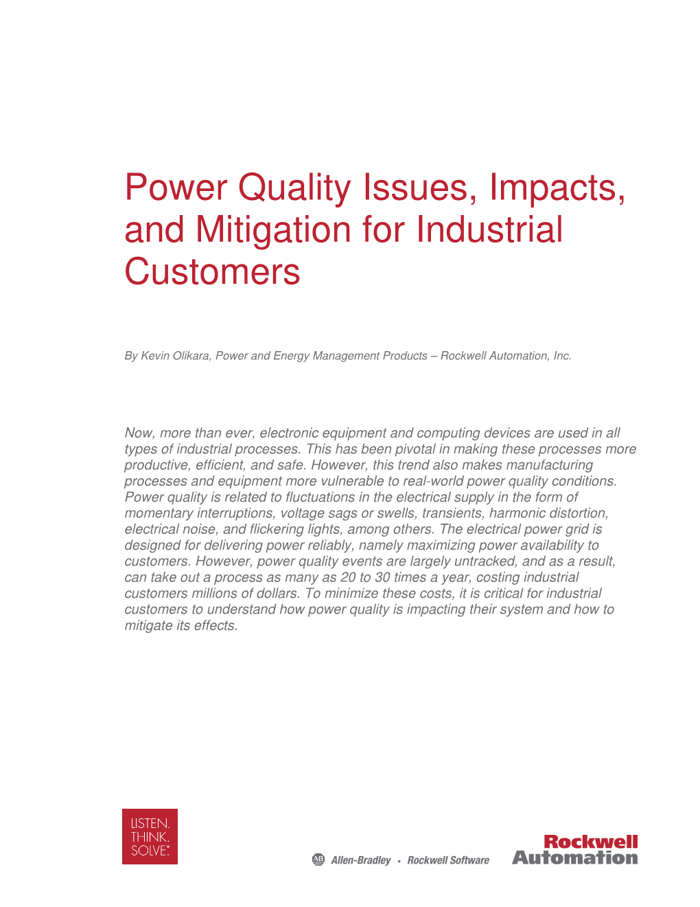 Power Quality Issues, Impacts, and Mitigation for Industrial Customers
