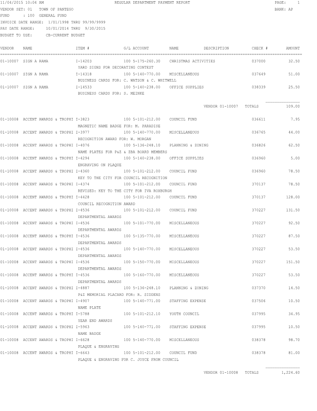 1 Vendor Set: 01 Town of Pantego Bank: Ap Fund