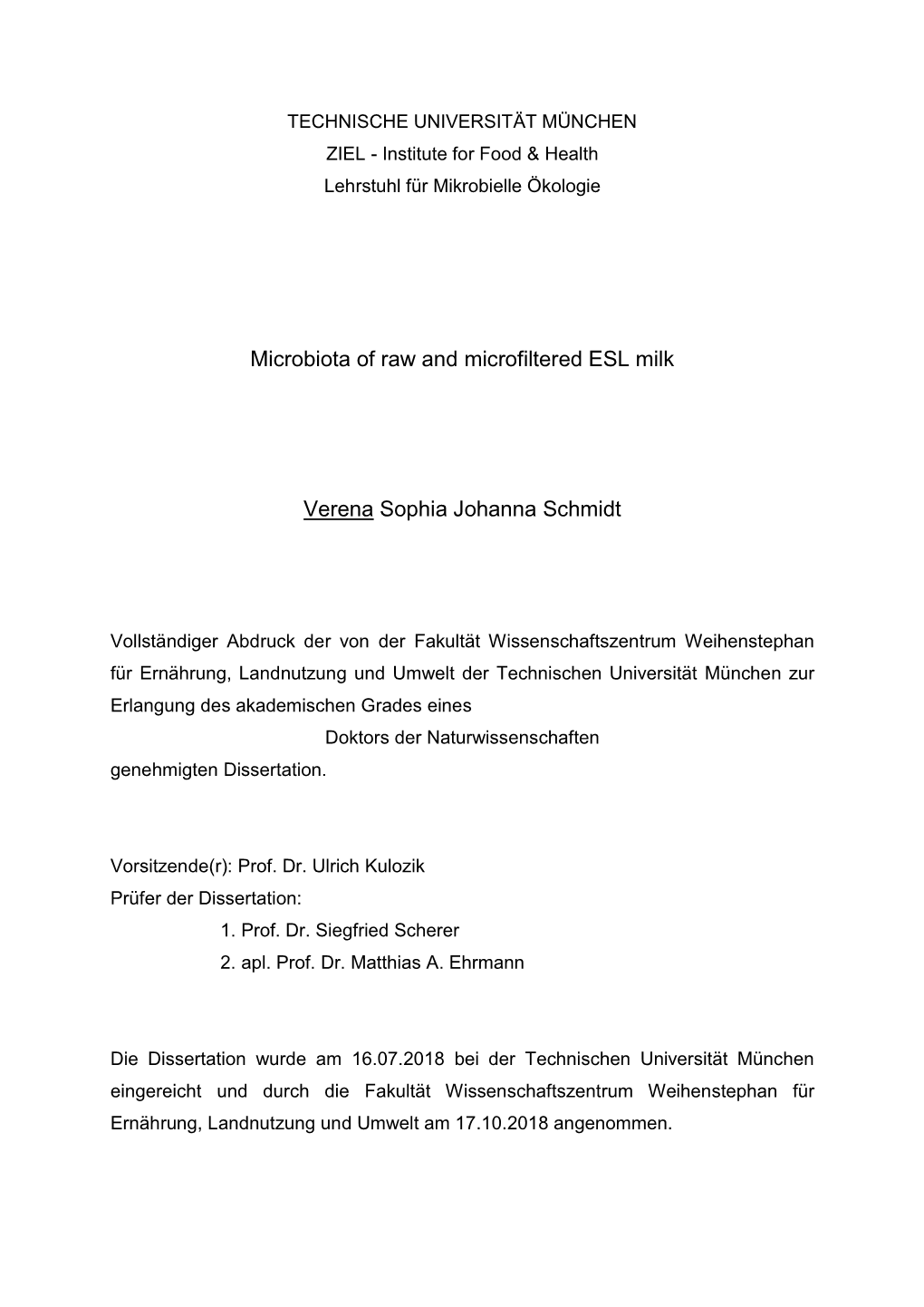 Microbiota of Raw and Microfiltered ESL Milk Verena Sophia Johanna