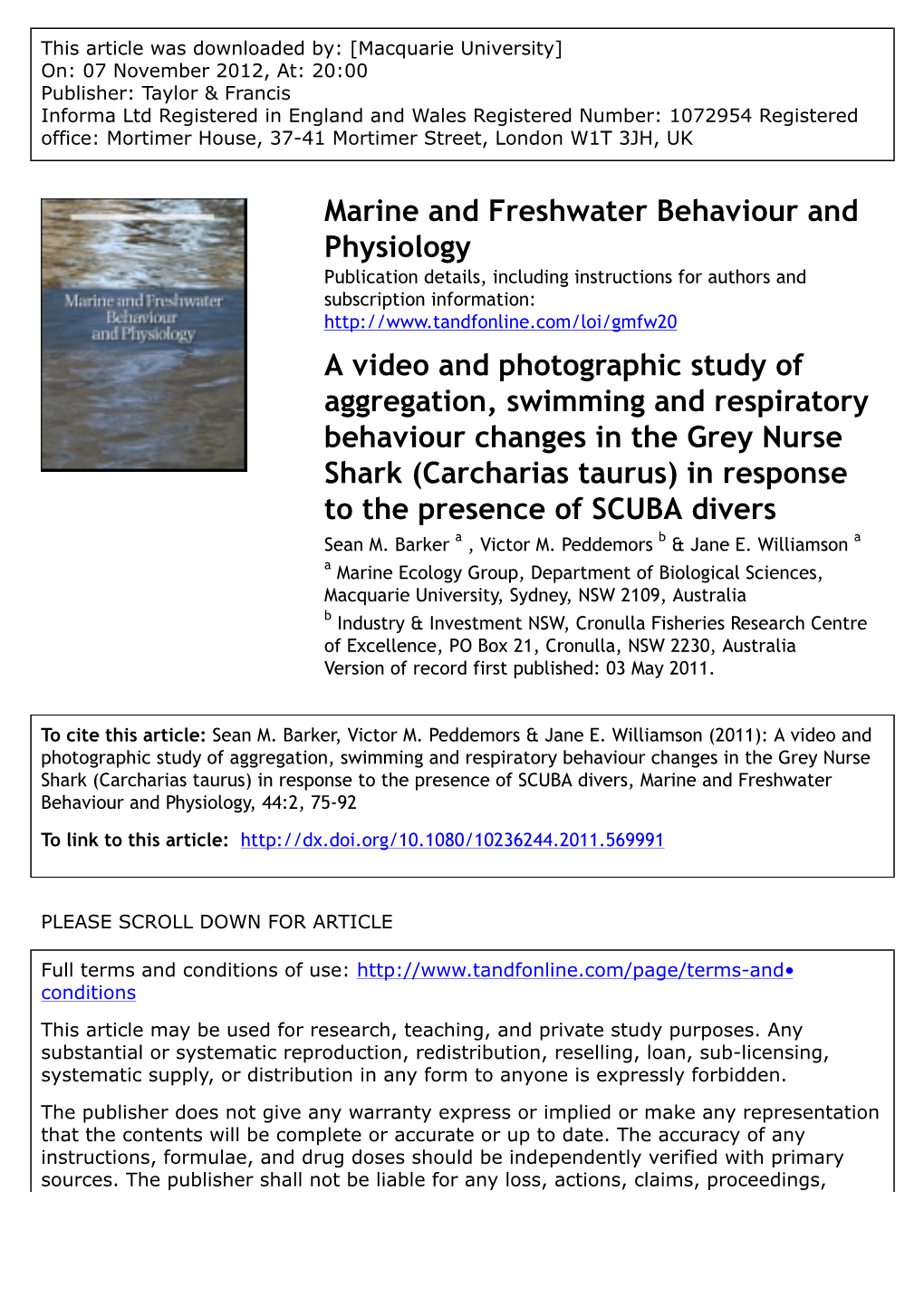 A Video and Photographic Study of Aggregation, Swimming and Respiratory Behaviour Changes in the Grey Nurse Shark