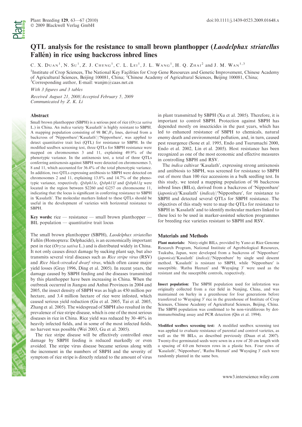 QTL Analysis for the Resistance to Small Brown Planthopper (Laodelphax Striatellus Falle´N) in Rice Using Backcross Inbred Lines