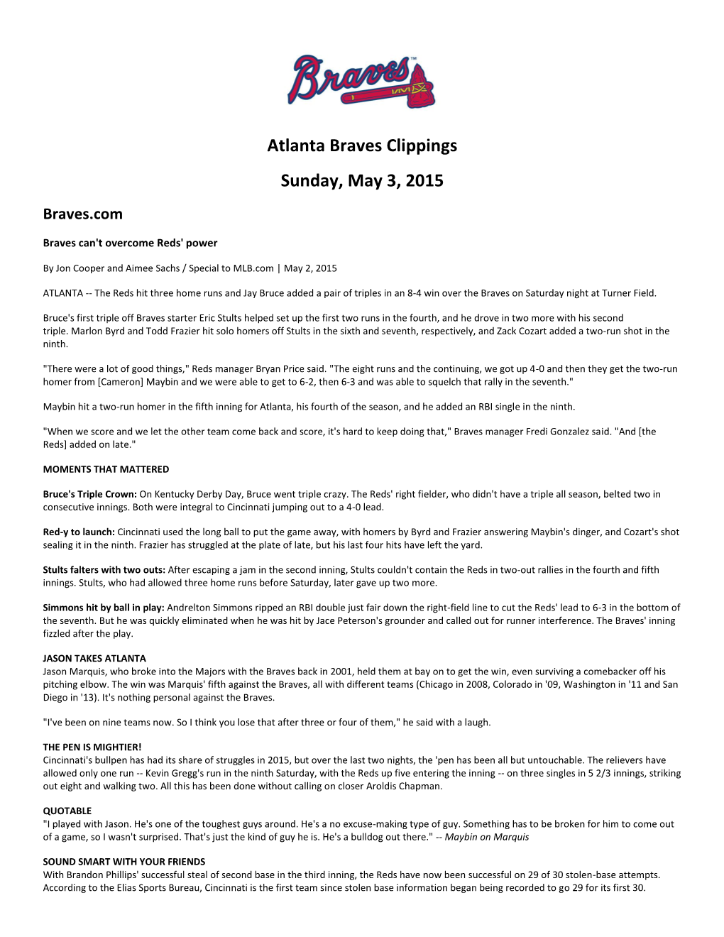 Atlanta Braves Clippings Sunday, May 3, 2015 Braves.Com