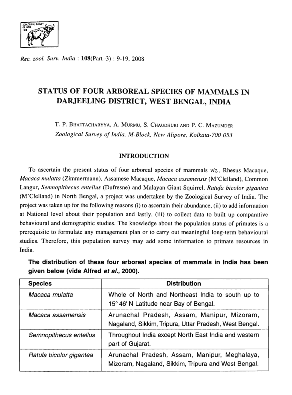 Status of Four Arboreal Species of Mammals in Darjeeling District, West Bengal, India