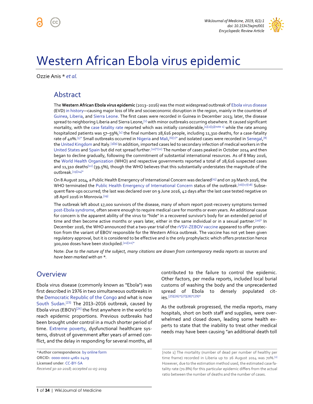 Western African Ebola Virus Epidemic Ozzie Anis * Et Al