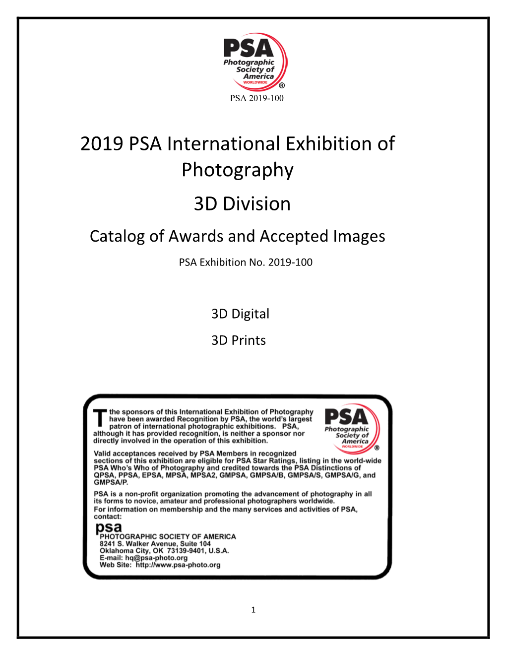 2019 PSA International Exhibition of Photography 3D Division Catalog of Awards and Accepted Images PSA Exhibition No