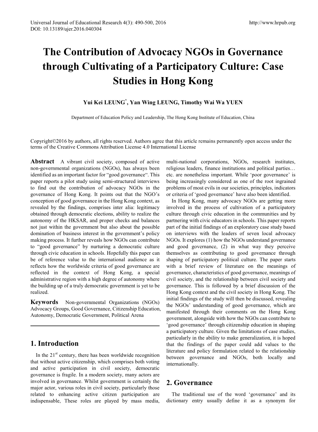 The Contribution of Advocacy Ngos in Governance Through Cultivating of a Participatory Culture: Case Studies in Hong Kong