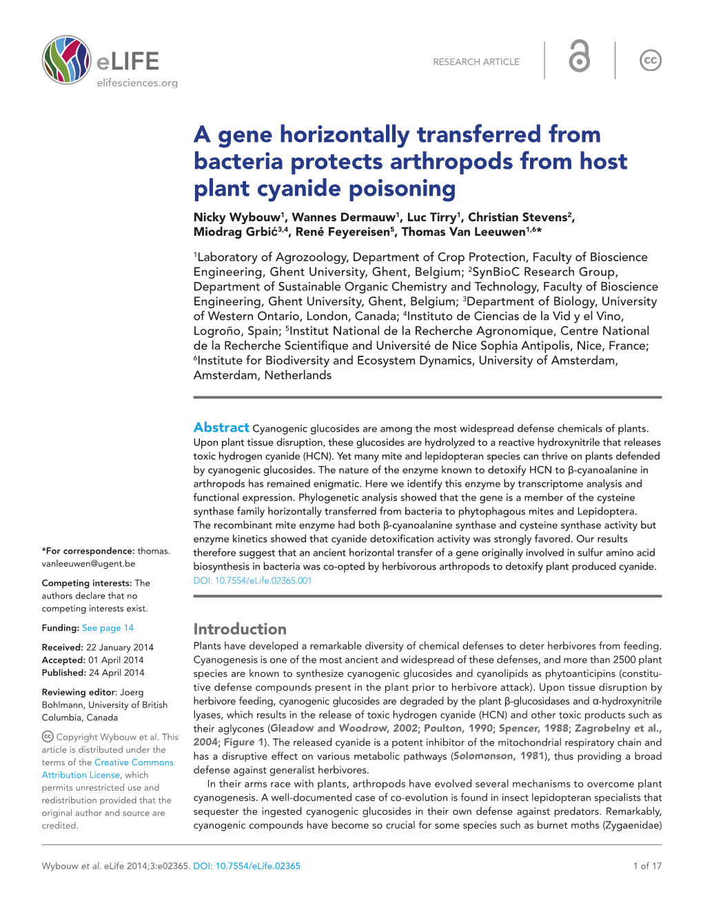 A Gene Horizontally Transferred from Bacteria Protects Arthropods from Host Plant Cyanide Poisoning