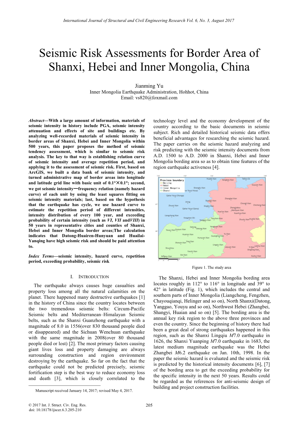 Seismic Risk Assessments for Border Area of Shanxi, Hebei and Inner Mongolia, China