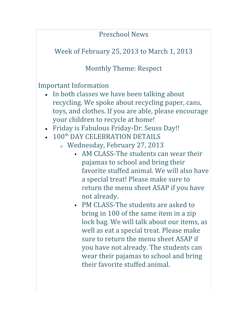 Preschool News